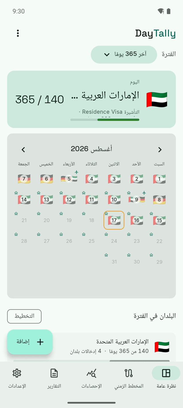 The DayTally overview: a month of country entries with the Emirates flag on most days, a four-day trip to Germany, and today marked with an amber ring.