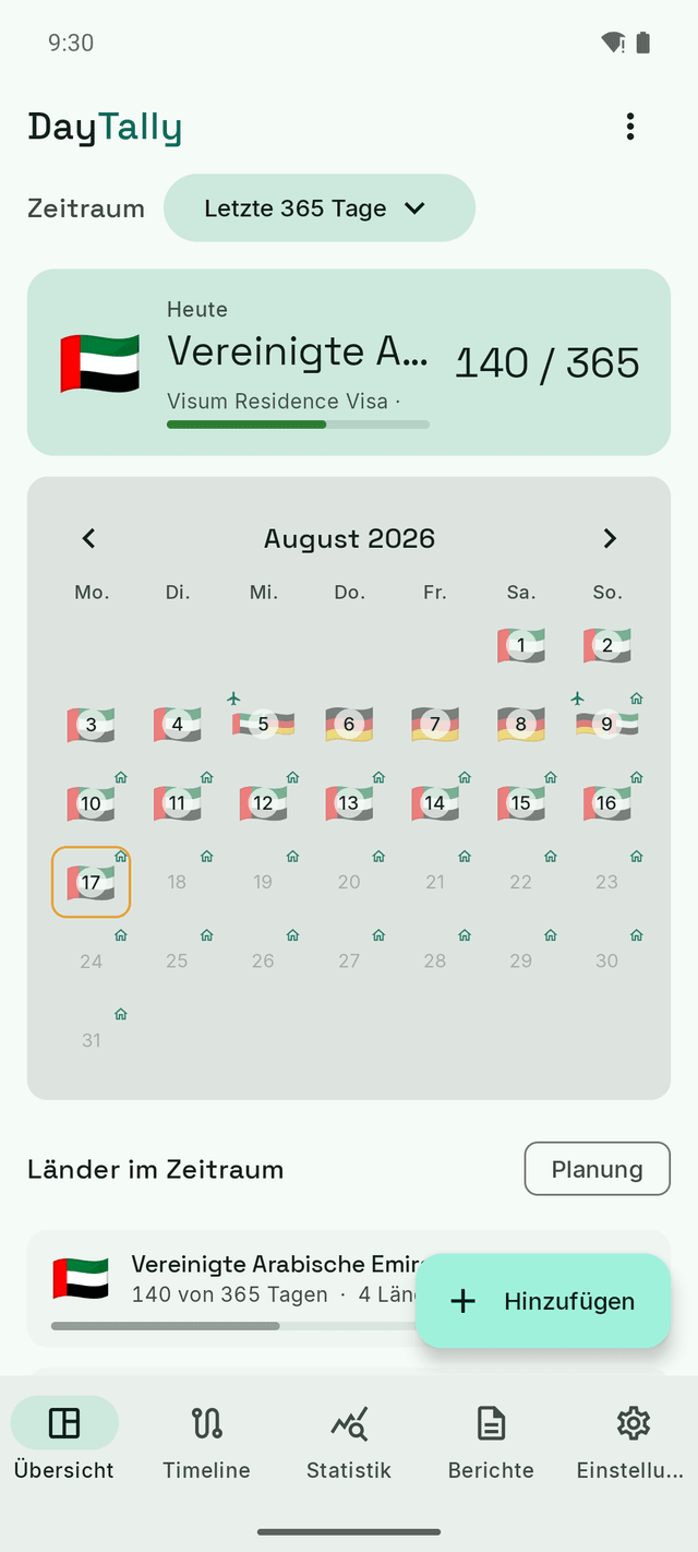 Die DayTally-Übersicht: ein Monat Länder-Einträge, an den meisten Tagen die Flagge der Emirate, dazu eine viertägige Reise nach Deutschland und der bernsteinfarbene Ring auf dem heutigen Tag.