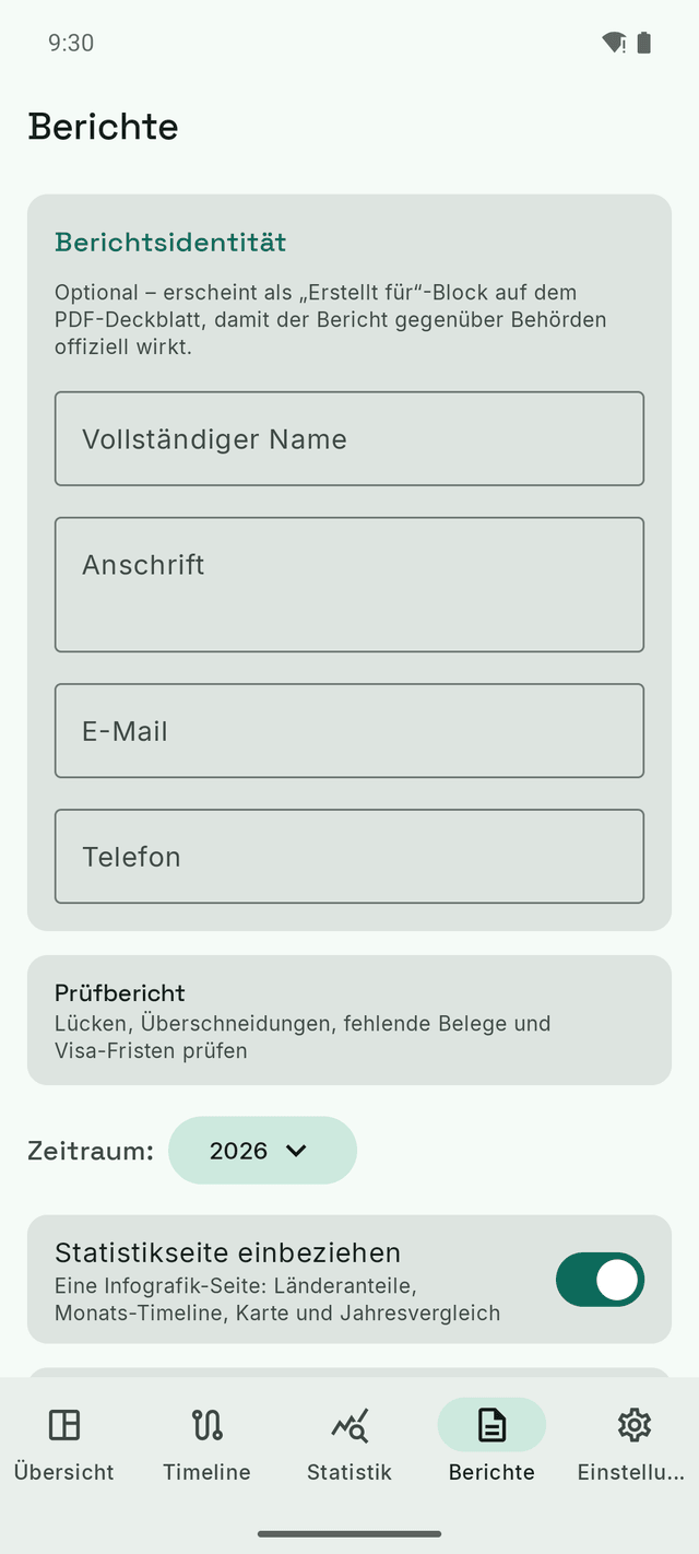 Der DayTally-Berichtsbildschirm: Berichtsidentität, Prüfbericht und die Zeitraumauswahl für den PDF-Export.