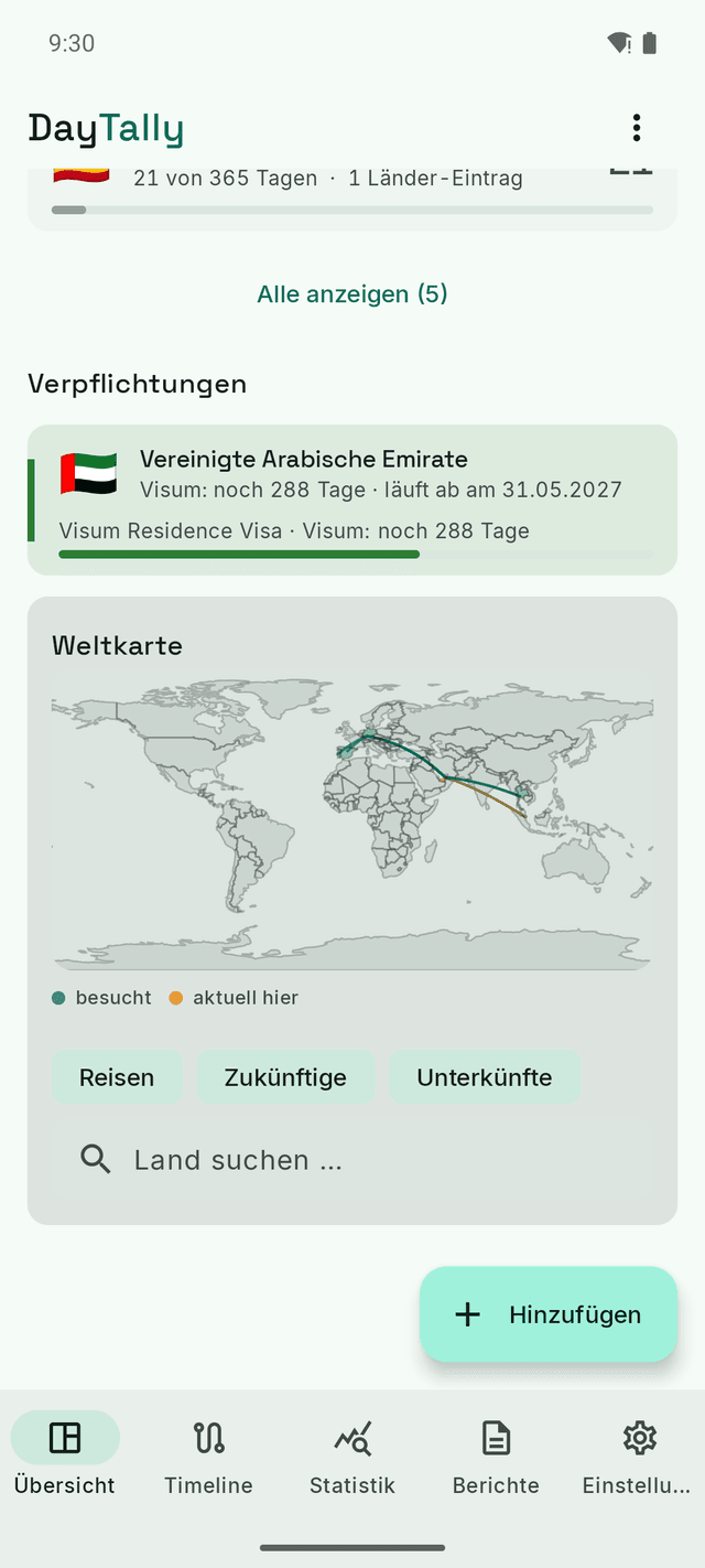 DayTally-Verpflichtungen: ein Residence Visa mit Restlaufzeit und die Weltkarte mit besuchten Ländern und Flugrouten.