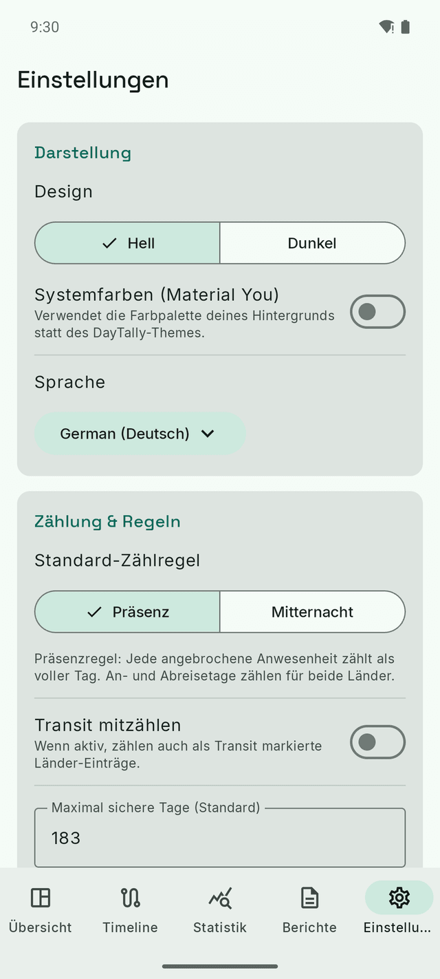 DayTally-Einstellungen: Design, Sprache und die Zählregel — Präsenz oder Mitternacht.
