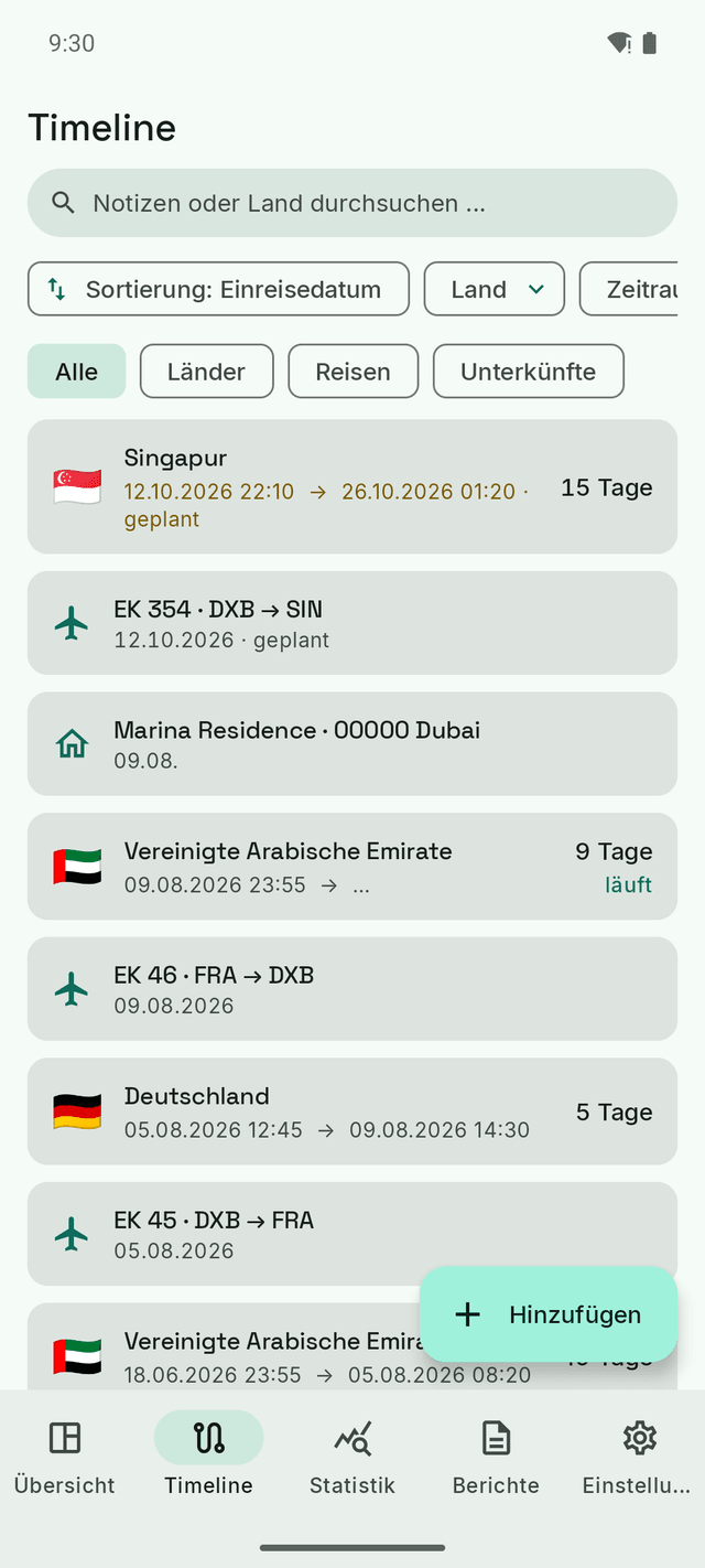 Die DayTally-Timeline: Flüge, Länder-Einträge und Unterkünfte in einer chronologischen Liste, die Oktober-Reise nach Singapur als geplant markiert.