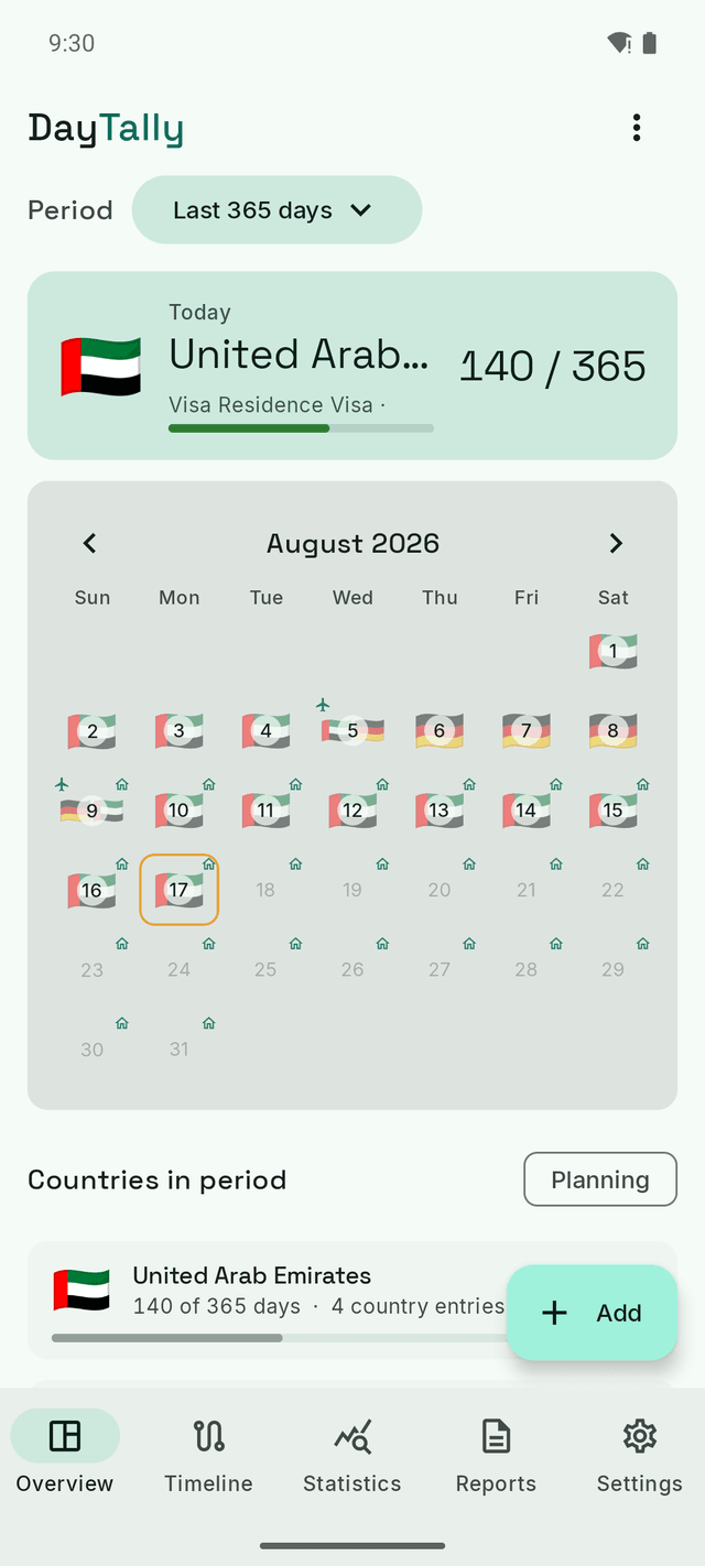 The DayTally overview: a month of country entries with the Emirates flag on most days, a four-day trip to Germany, and today marked with an amber ring.