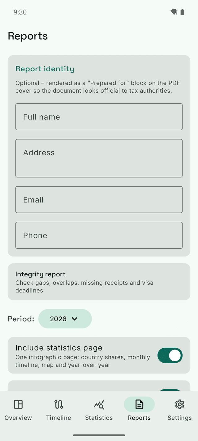 The DayTally reports screen: report identity, the integrity check, and the period selector for the PDF export.