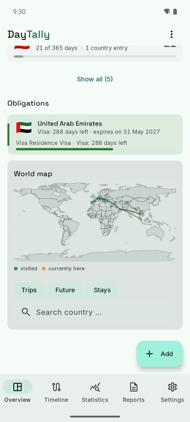 DayTally obligations: a residence visa with its remaining days, and the world map showing visited countries and flight routes.