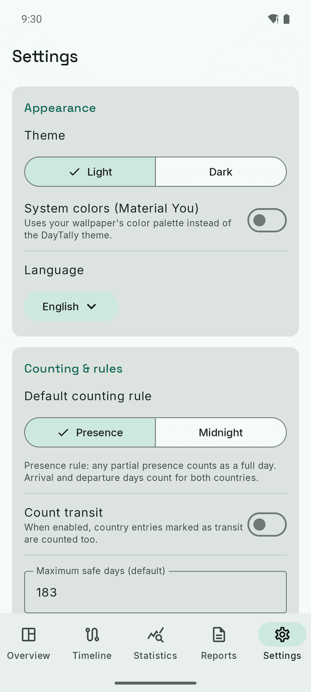 DayTally settings: theme, language, and the counting rule — presence or midnight.