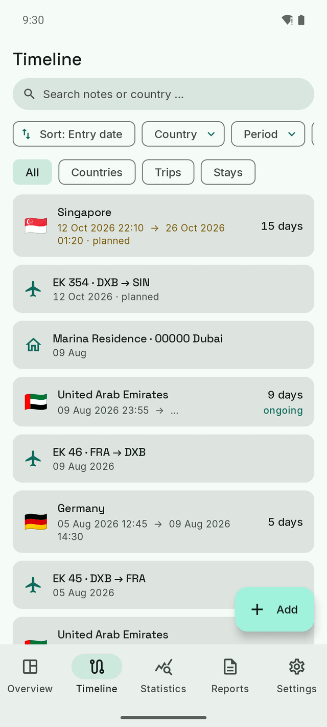 The DayTally timeline: flights, country entries and accommodations in one chronological list, with the October trip to Singapore marked as planned.