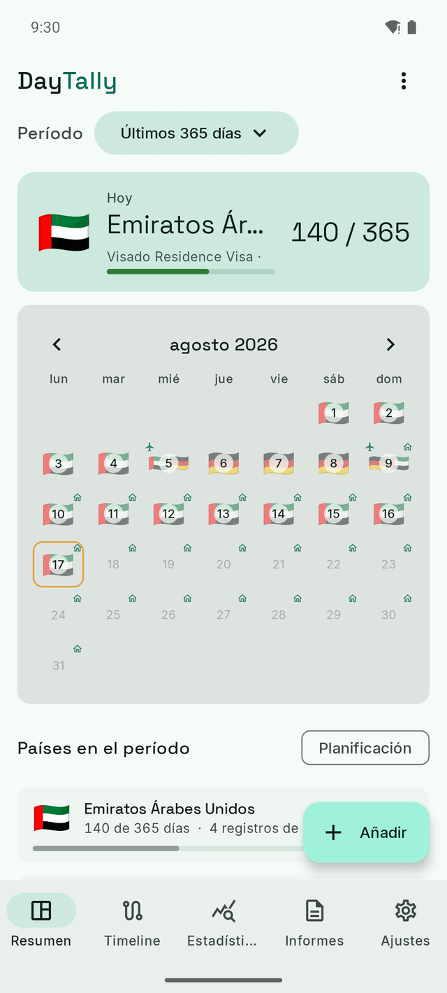 La vista general de DayTally: un mes de registros de país con la bandera de los Emiratos en casi todos los días, un viaje de cuatro días a Alemania y el día de hoy marcado con un anillo ámbar.