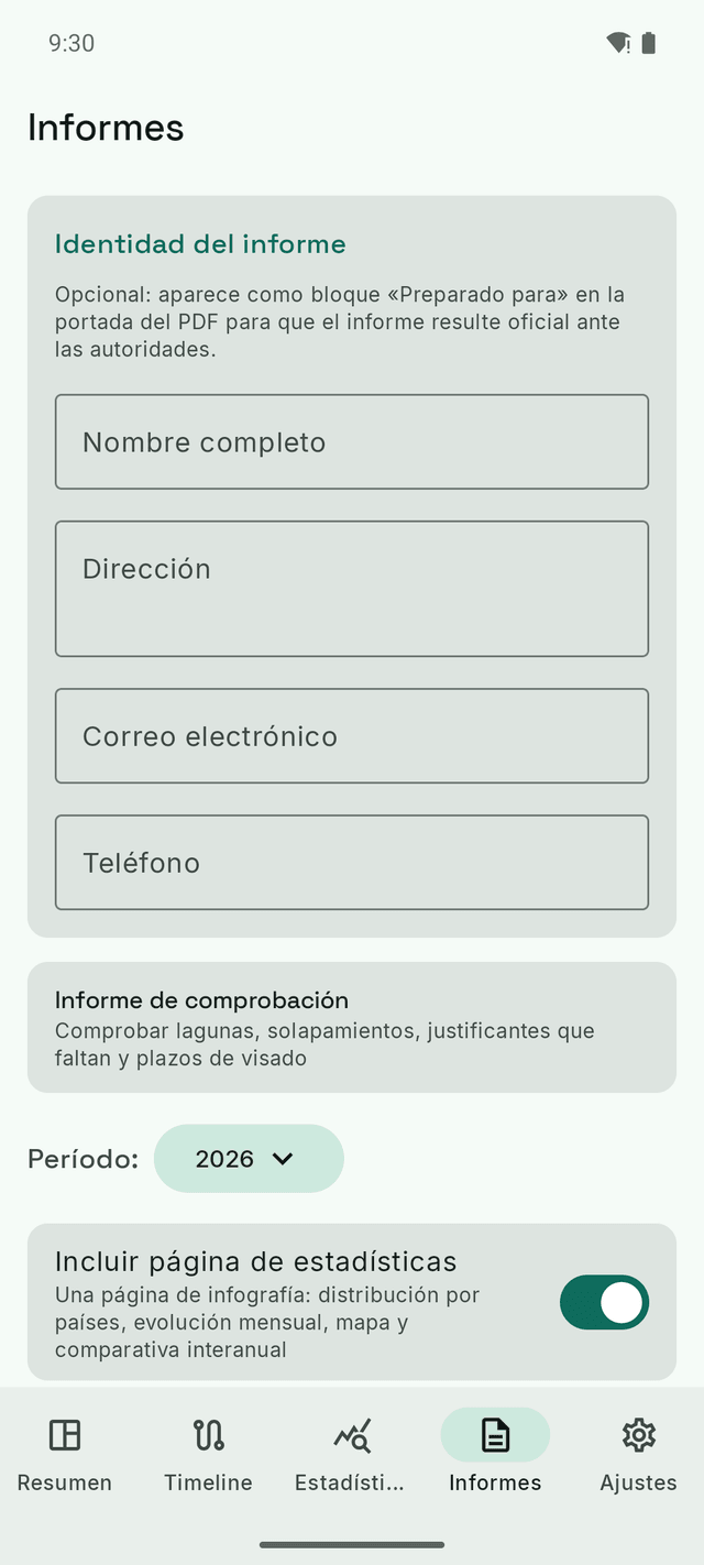 La pantalla de informes de DayTally: la identidad del informe, el informe de comprobación y el selector de período para la exportación en PDF.
