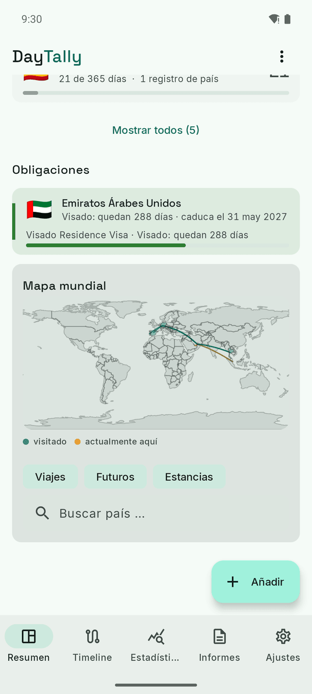 Obligaciones de DayTally: un visado de residencia con sus días restantes y el mapa del mundo con los países visitados y las rutas de vuelo.