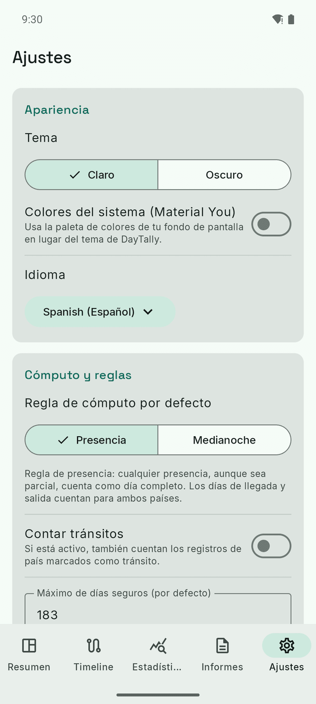 Ajustes de DayTally: tema, idioma y la regla de recuento — presencia o medianoche.