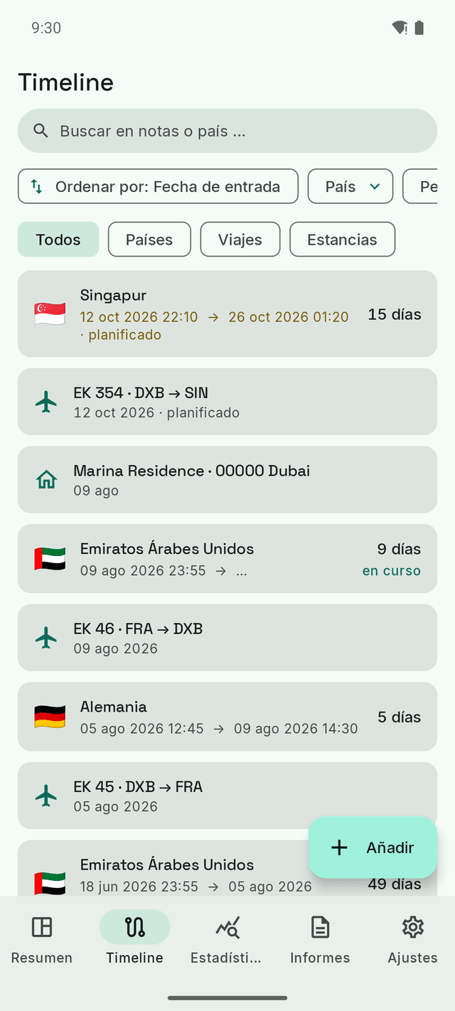 La cronología de DayTally: vuelos, registros de país y alojamientos en una sola lista cronológica, con el viaje de octubre a Singapur marcado como planificado.