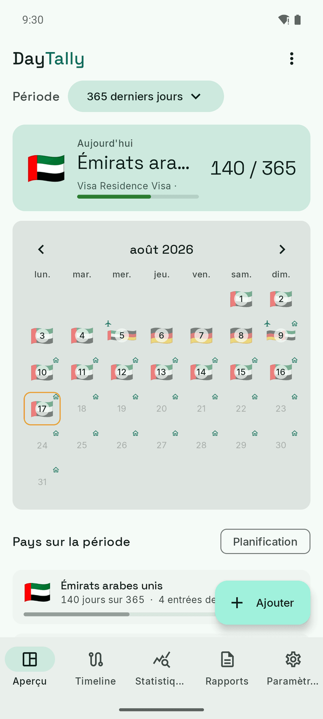 L'aperçu DayTally : un mois d'entrées de pays, le drapeau des Émirats sur la plupart des jours, un voyage de quatre jours en Allemagne, et un anneau ambré sur la journée d'aujourd'hui.