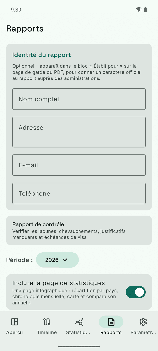 L'écran des rapports de DayTally : l'identité du rapport, le contrôle d'intégrité, et le sélecteur de période pour l'export PDF.