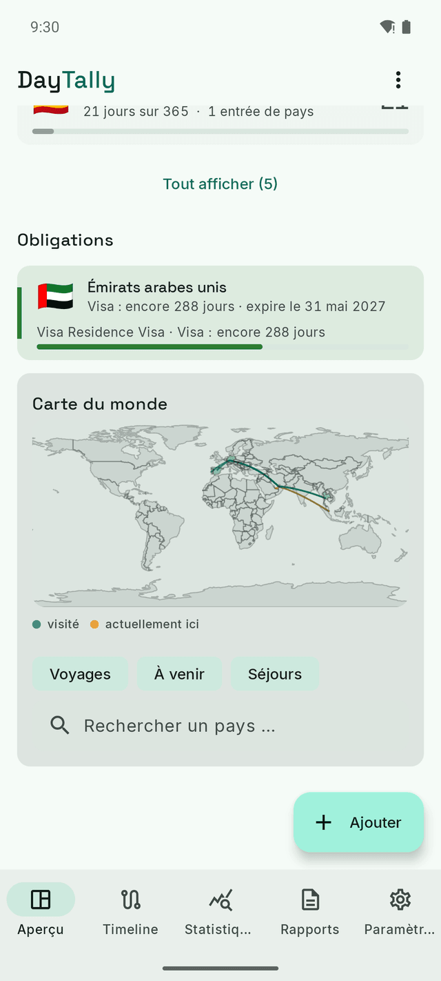 Les obligations DayTally : un visa de résidence avec ses jours restants, et la carte du monde qui montre les pays visités et les routes aériennes.