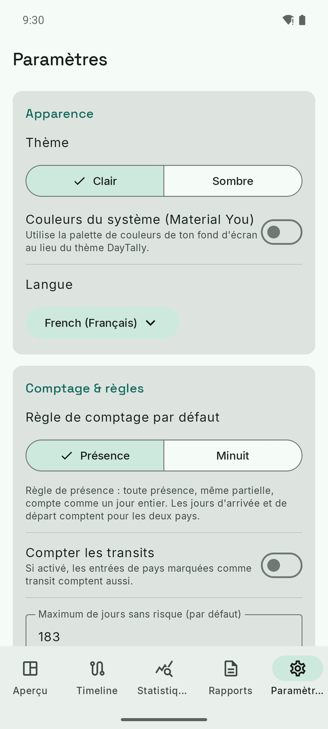 Les réglages DayTally : thème, langue, et la règle de comptage — présence ou minuit.