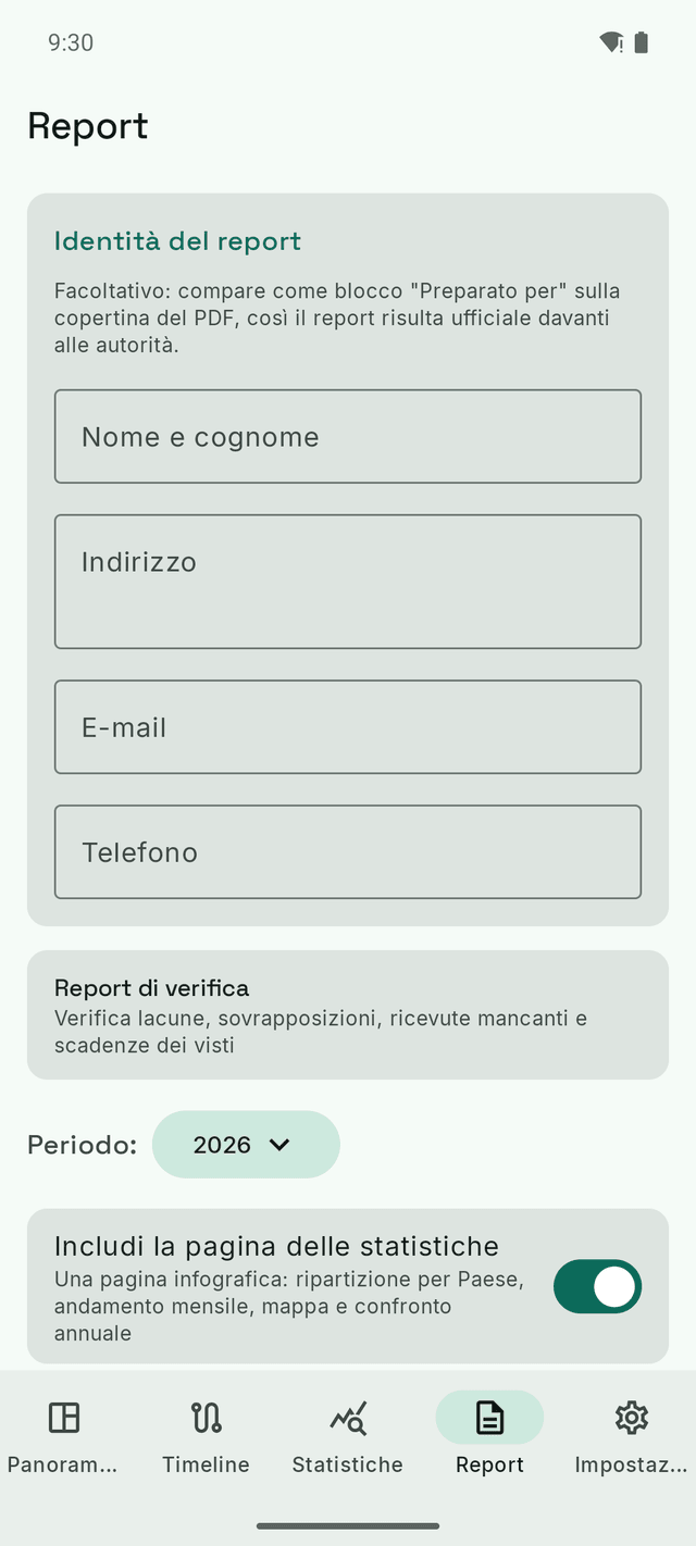 La schermata dei report di DayTally: identità del report, il controllo di integrità e la selezione del periodo per l'esportazione PDF.