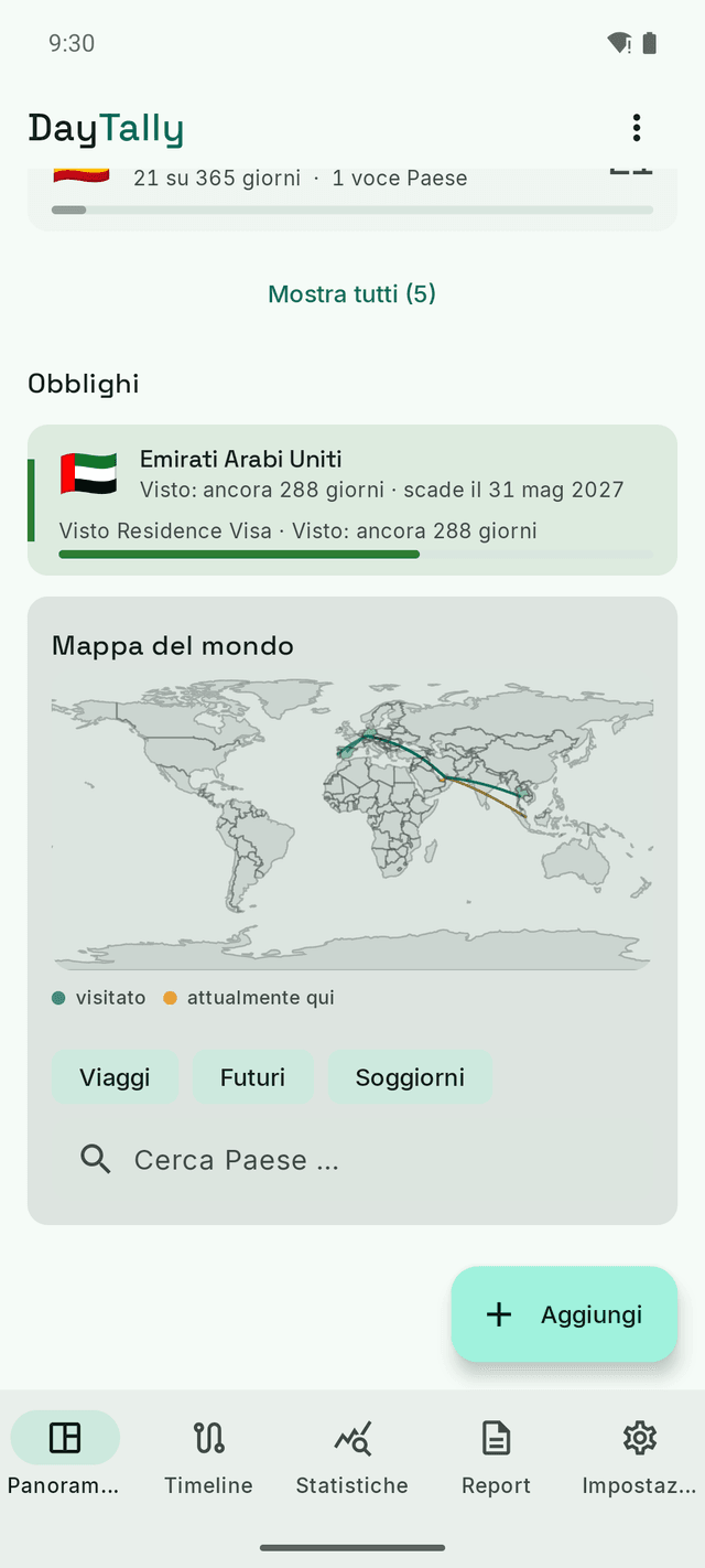 Gli obblighi di DayTally: un visto di residenza con i giorni rimanenti e la mappa del mondo con i Paesi visitati e le rotte di volo.