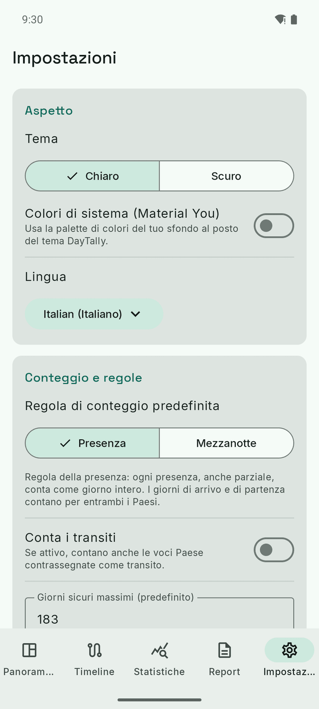 Le impostazioni di DayTally: tema, lingua e la regola di conteggio — presenza o mezzanotte.