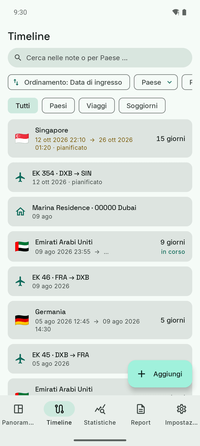 La timeline di DayTally: voli, voci Paese e alloggi in un unico elenco cronologico, con il viaggio di ottobre a Singapore contrassegnato come pianificato.