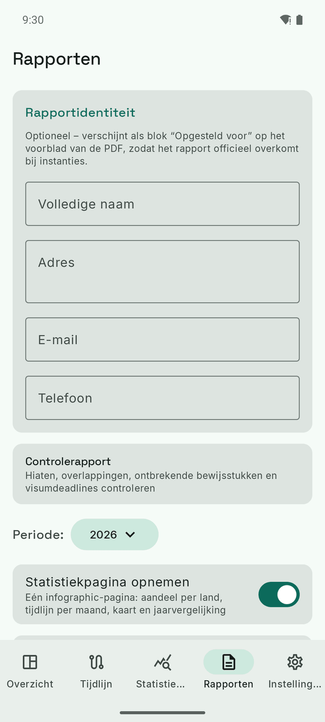 Het DayTally-rapportenscherm: de rapportidentiteit, de integriteitscontrole en de periodekeuze voor de PDF-export.