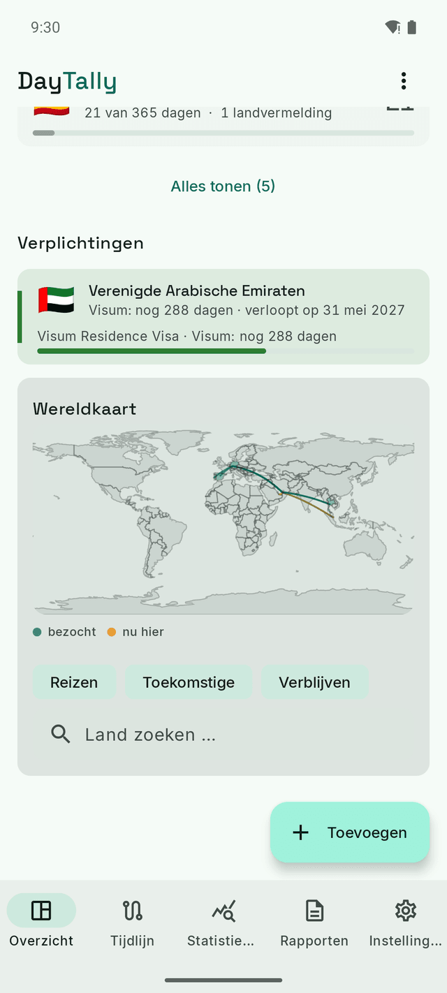 DayTally-verplichtingen: een verblijfsvisum met de resterende dagen, en de wereldkaart met bezochte landen en vliegroutes.