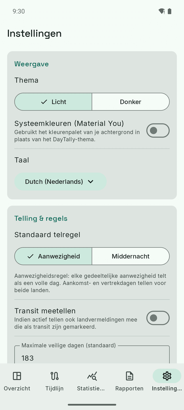 DayTally-instellingen: thema, taal en de telregel — aanwezigheid of middernacht.