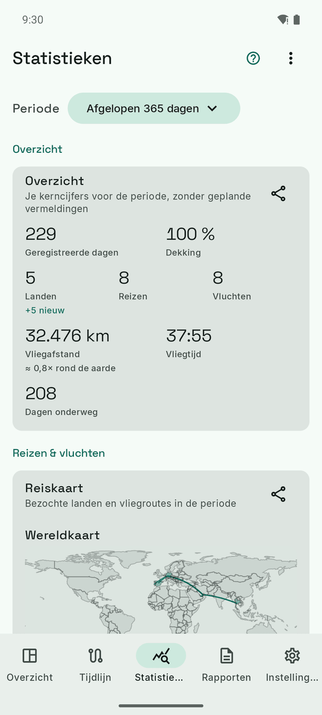 DayTally-statistieken: vastgelegde dagen, landen, vliegafstand en een wereldkaart met de vliegroutes erop getekend.