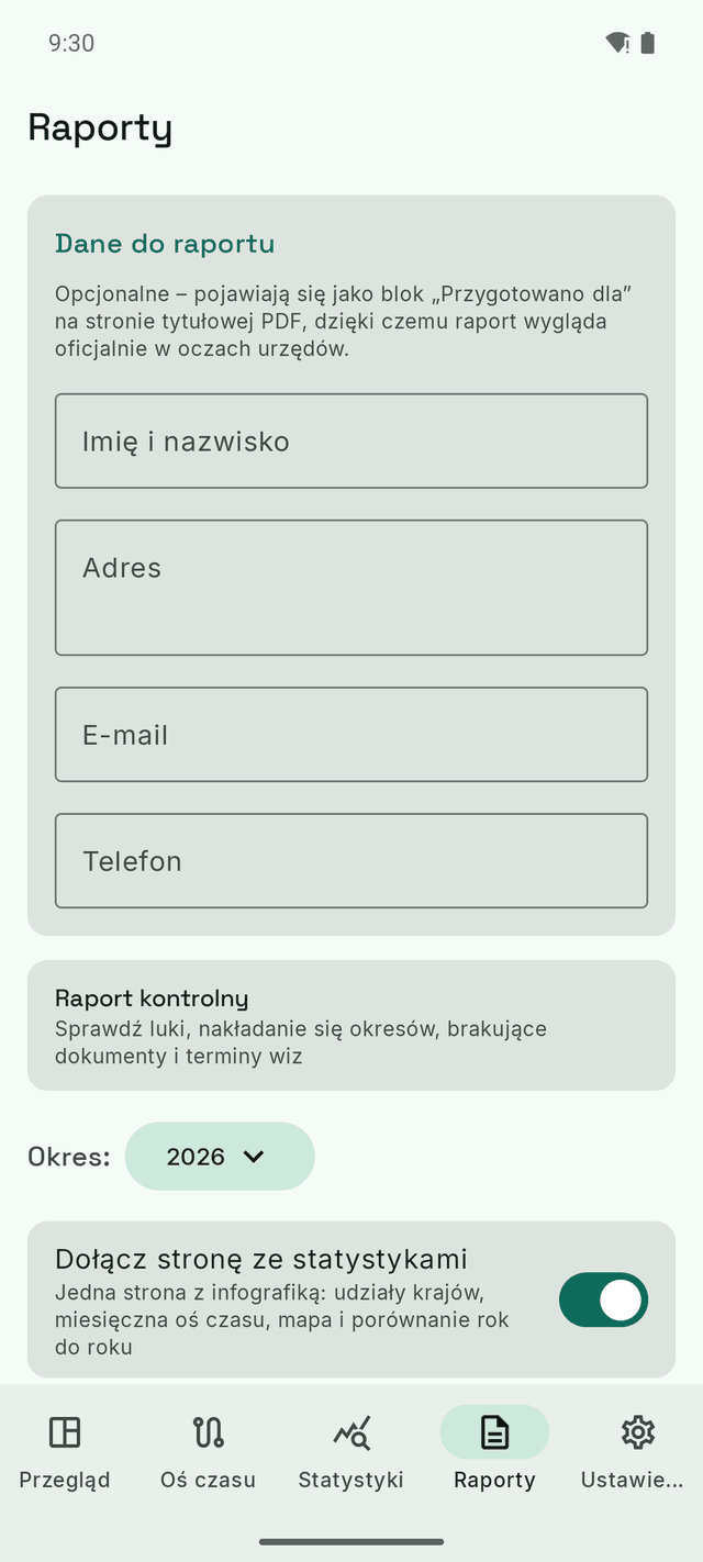 Ekran raportów DayTally: dane identyfikacyjne raportu, raport kontrolny i wybór okresu dla eksportu PDF.