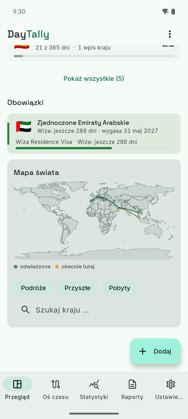 Obowiązki DayTally: wiza rezydencka z pozostałymi dniami oraz mapa świata z odwiedzonymi krajami i trasami lotów.