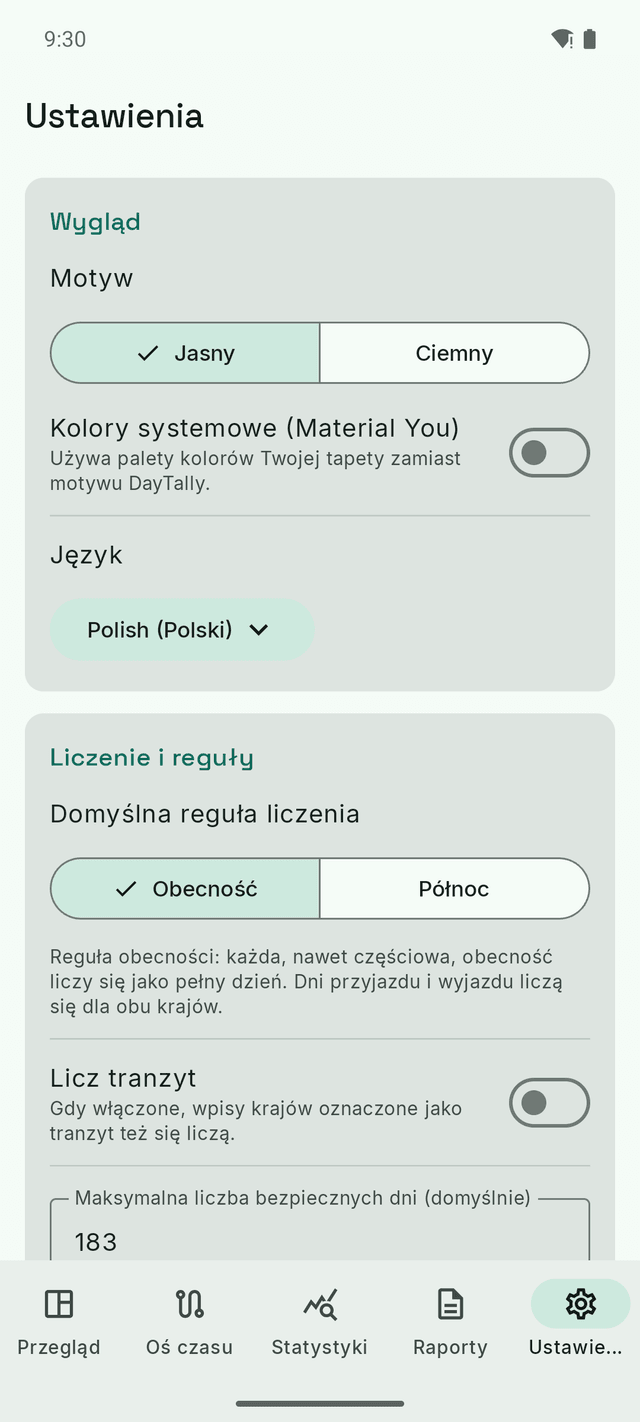Ustawienia DayTally: motyw, język i reguła liczenia — obecność albo północ.