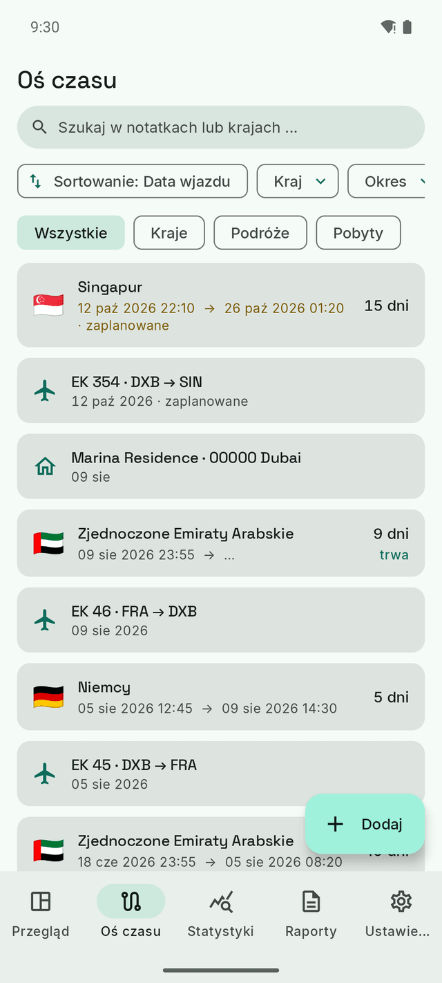 Oś czasu DayTally: loty, wpisy krajów i noclegi w jednej chronologicznej liście, październikowa podróż do Singapuru oznaczona jako zaplanowana.