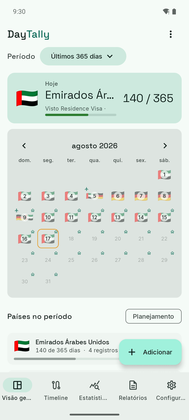 A visão geral do DayTally: um mês de registros de país com a bandeira dos Emirados na maioria dos dias, uma viagem de quatro dias à Alemanha e o dia de hoje marcado com um anel âmbar.