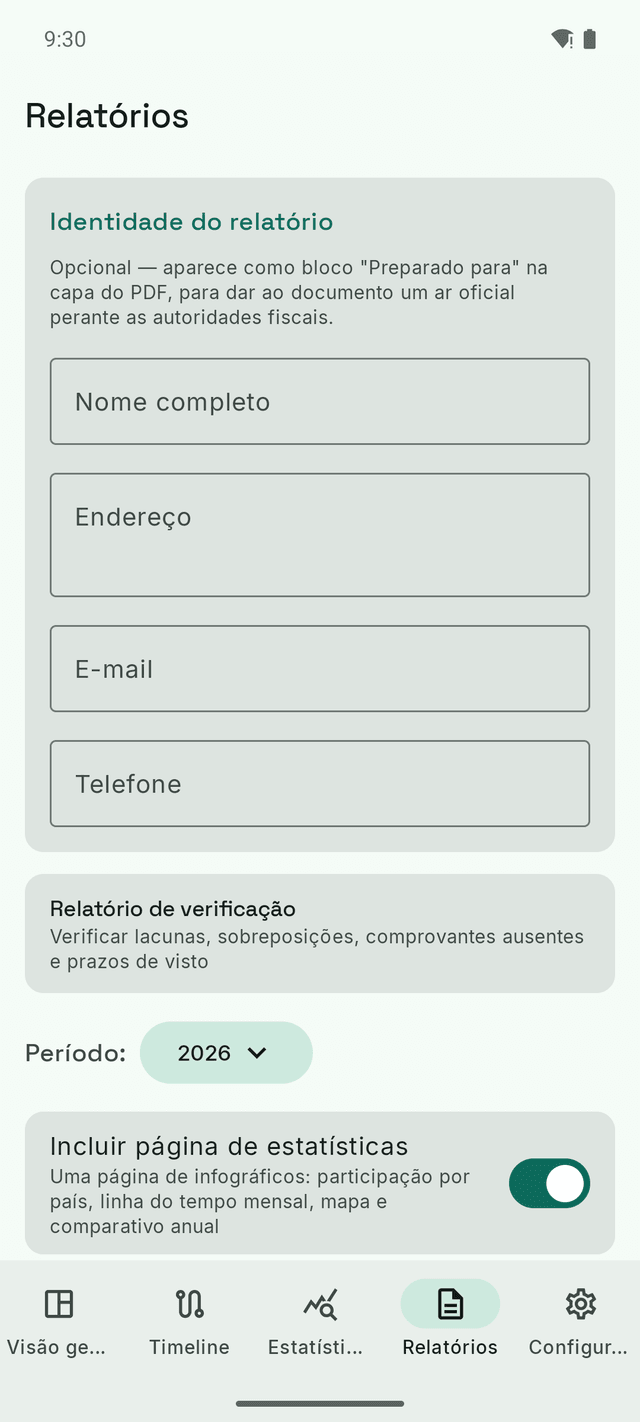 A tela de relatórios do DayTally: identidade do relatório, o relatório de verificação e o seletor de período para a exportação em PDF.