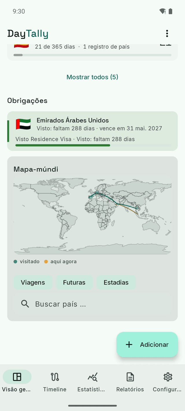 Obrigações do DayTally: um visto de residência com os dias restantes e o mapa-múndi com os países visitados e as rotas de voo.