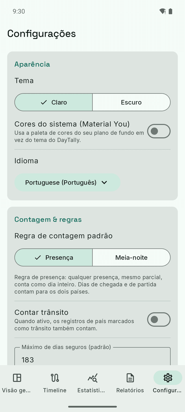 Configurações do DayTally: tema, idioma e a regra de contagem — presença ou meia-noite.