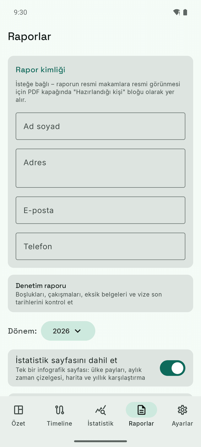 DayTally Raporlar ekranı: rapor kimliği, denetim raporu ve PDF dışa aktarımı için dönem seçimi.