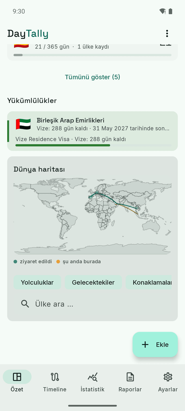 DayTally yükümlülükleri: kalan süresiyle bir oturma vizesi ve ziyaret edilen ülkelerle uçuş rotalarını gösteren dünya haritası.