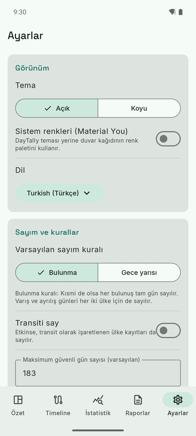 DayTally ayarları: tema, dil ve sayma kuralı — bulunma ya da gece yarısı.